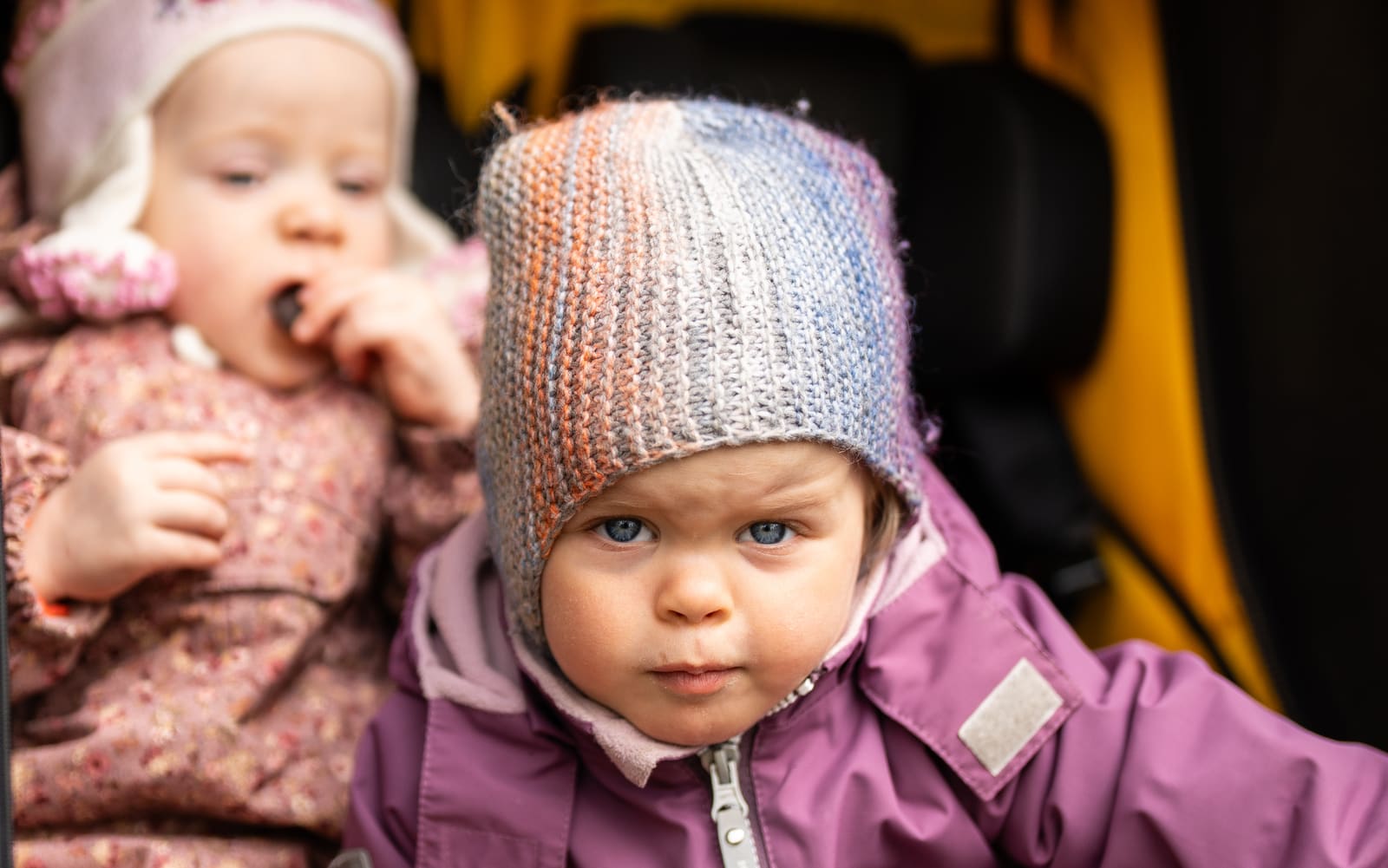 Children's photographer in Copenhagen - two toddlers in knitted hats in a cargo bike